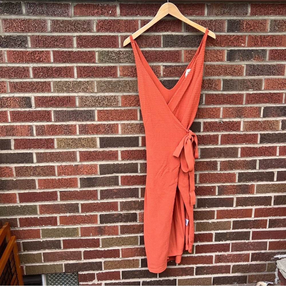 T & J Designs Orange Knitted V Neck Surplice Wrap Around Side Tie Midi Dress